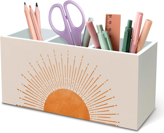 DILSJ Boho Abstract Sunshine Pen Pencil Holder Organizer for Desk, Boho Office Decor, Mid Century Modern Minimalist Sun Sunset Sunshine Wooden Box Signs for Home Office Desk Tabletop Decoration