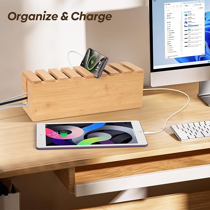Extra Large Cable Management Box, Bamboo Cable Organizer Storage and Power Strip Box for Electrical Cord Management, Cord Hider Boxs Shelf for Desktop Home Office Kitchen