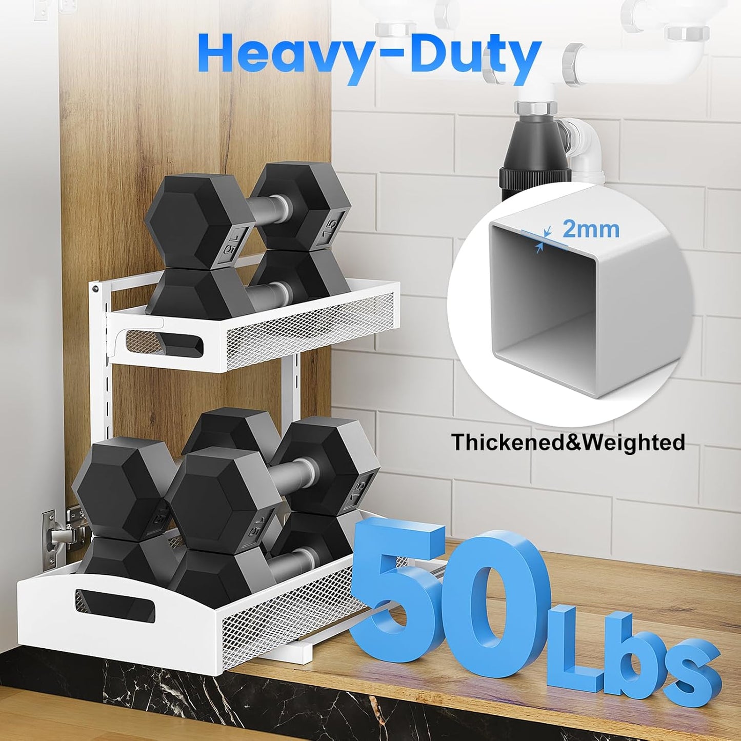 Metal Under Sink Organizer, Pull Out Cabinet Organizer Rack with Silk-Smooth Bottom Drawer, 5-Level Adjustable, Multi-Purpose Storage Shelf for Bathroom, Kitchen, Vanity, Pantry (2-Pack)