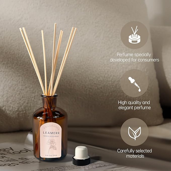 Premium Reed Diffuser Set - 8.8 oz (250 ml) Bedroom Bathroom Living Room Home Fragrance Products Sandalwood Roses Scent 1 Pack