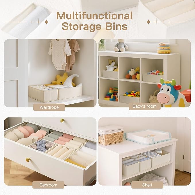 Criusia Drawer Organizer Clothes, 14 Pack Dresser Organizer for Baby Clothes, Underwear, Sock- Foldable Closet Organization and Storage Dividers Bins for Nursery, Bedroom and Dorm (Beige)