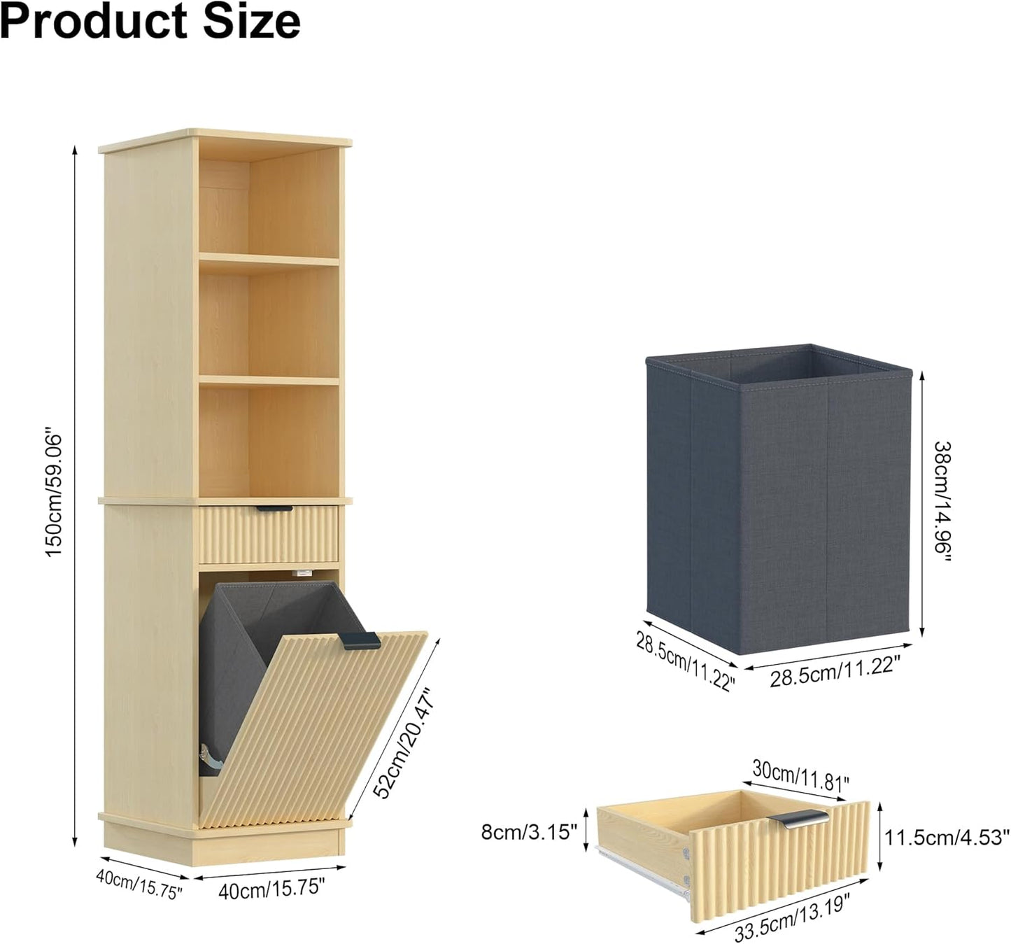 Natural Tilt Out Laundry Hamper Tall Bathroom Storage Cabinet Hidden Laundry Hamper Cabinet with Drawers and Baskets for Bathroom Hamper with Storage for Bedroom,16x16x59in