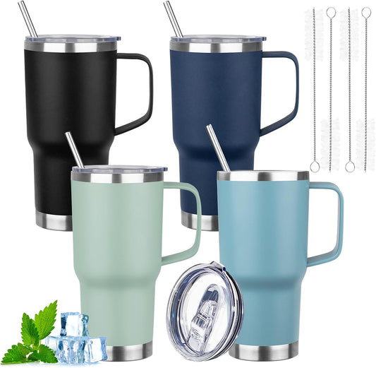 20oz Insulated Tumbler with Handle Stainless Steel Travel Coffee Mug with Lid and Straw Double Wall Vacuum Leak-proof Reusable Thermal Water Cup for Hot and Cold Drinks (Multicolor-1,4 Pack)