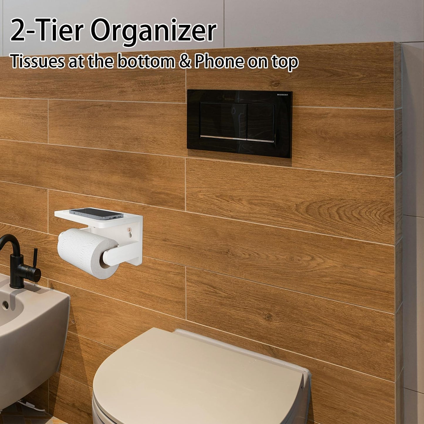 Drill-Free Toilet Paper Holder with Phone Shelf Bamboo Wall-Mounted, No-Drill & Drillable, Bathroom Storage Organizer, Space Saver Tissue Roll Rack for Bathroom, Kitchen, Home Decor (White)