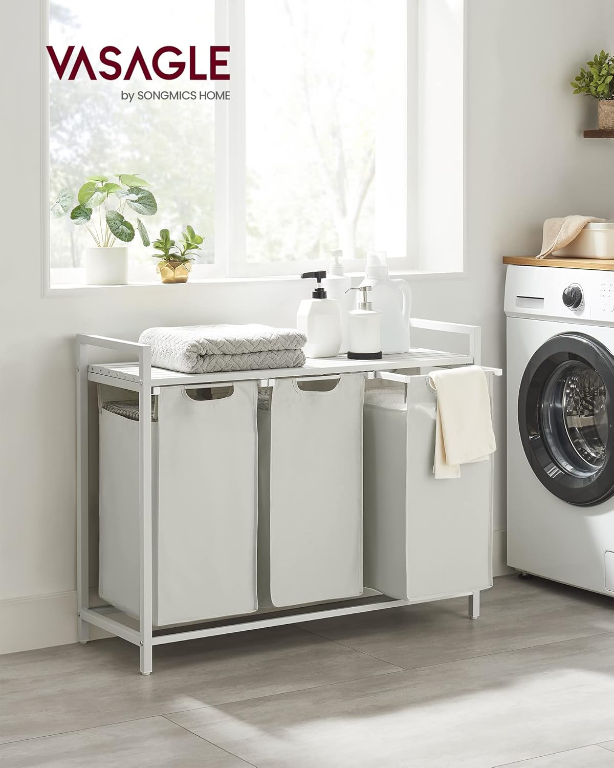 VASAGLE Laundry Hamper, Laundry Basket, Laundry Sorter with 3 Pull-Out and Removable Bags, Shelf, Metal Frame, 3 x 10.6 Gallons (40 L), 36.4 x 13 x 28.4 Inches, Cream White and Cloud White UBLH301W01