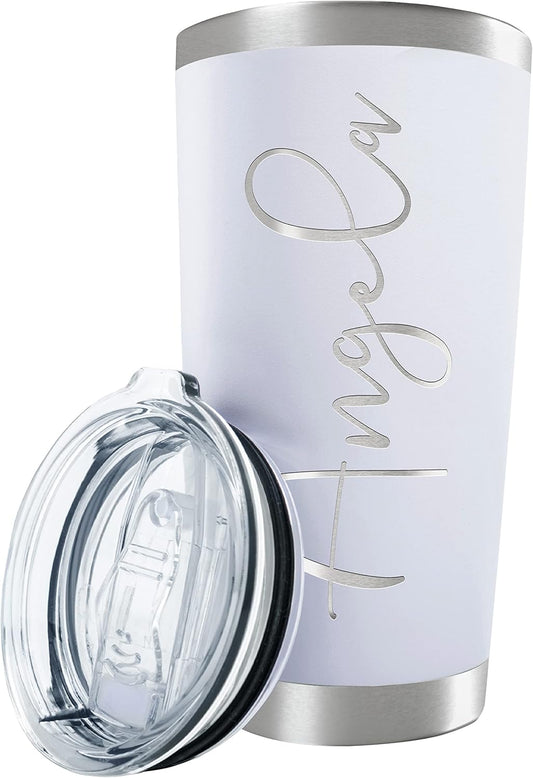 Personalized Tumbler with Engraved Name - 12 Designs, 20 Oz Coffee Tumbler with Slider Lid, White, Double Wall Insulated - Custom Gifts for Women