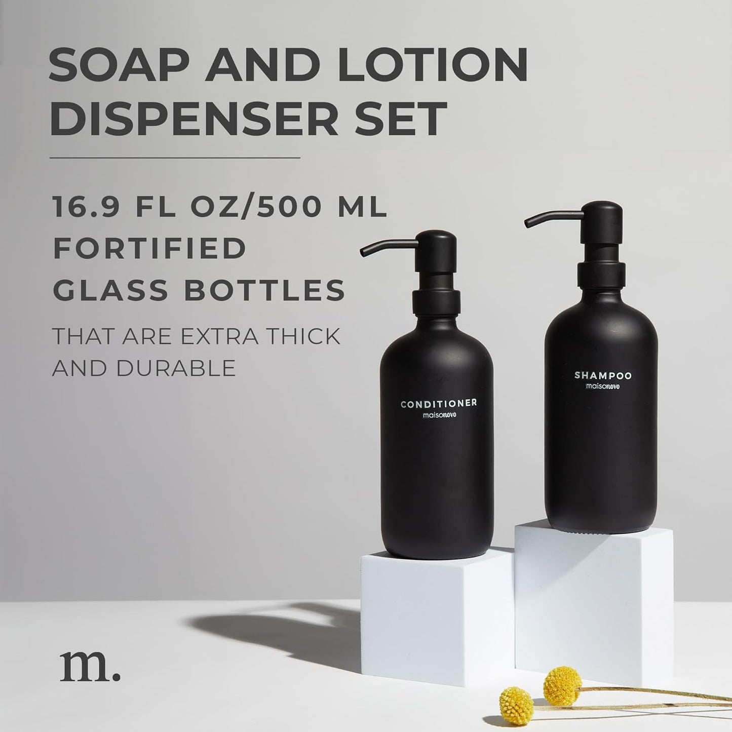 MaisoNovo Soap Dispenser 2-Piece Set | 16.9oz Black Bottles with Black Stainless Steel Pumps