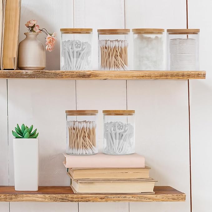 6 Pack Glass Qtip Holder Dispenser Set - Apothecary Jars with Lids for Vanity Makeup Organizer - Bathroom Canister Storage Organizer