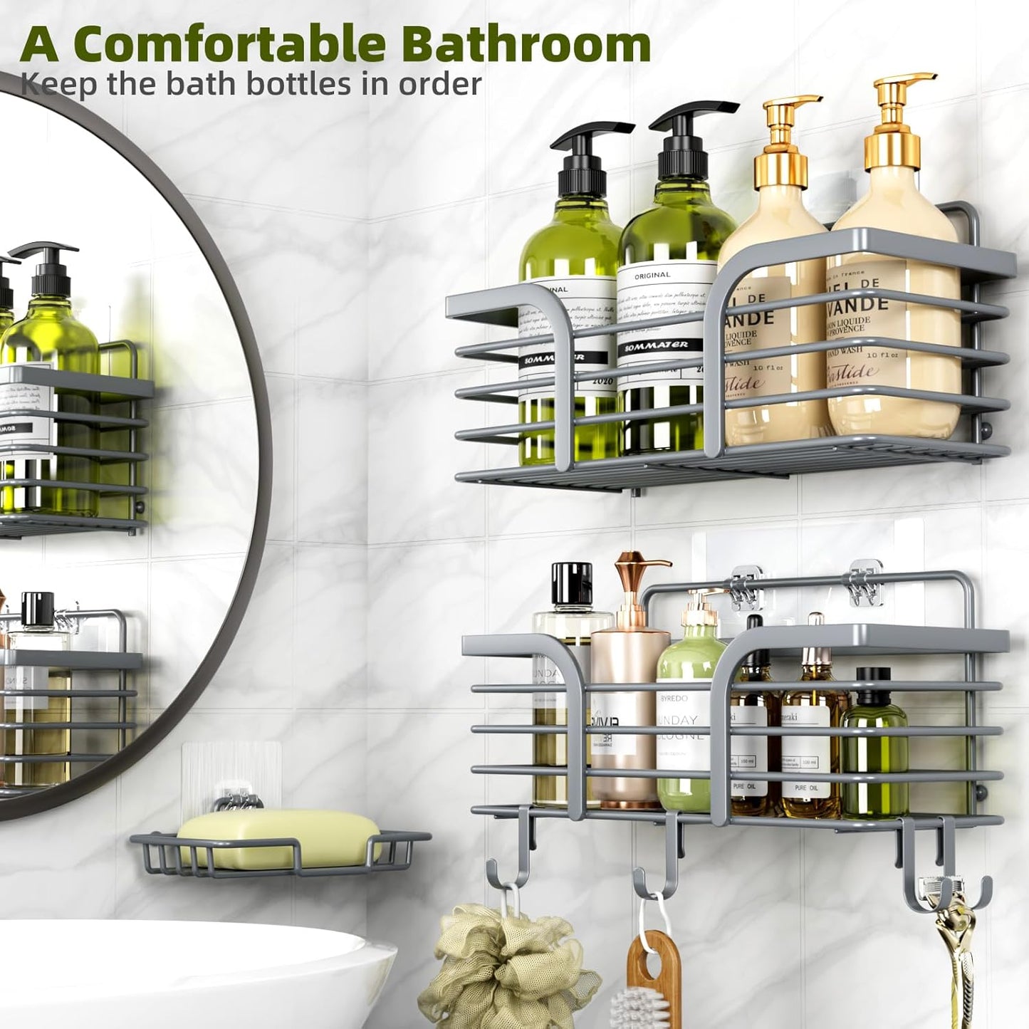 Yougai 3 Pack Shower Caddy Organizer Shelf Rack, Rustproof Corner Bathroom Storage Organization, Wall Mount Adhesive Shower Organizer With Soap Dish For Bathroom Storage&Home Decor&Kitchen-Dark Grey