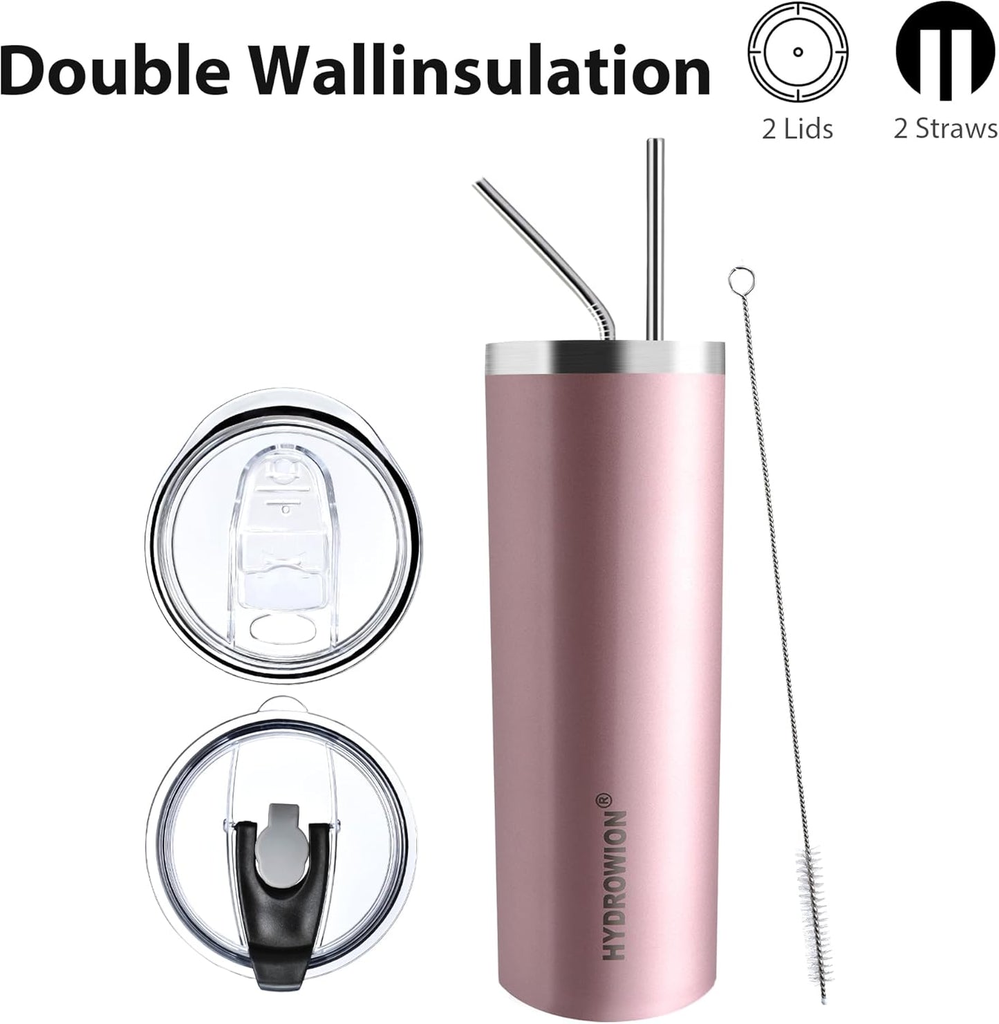 HYDROWION Triple-Insulated Tumblers - Stainless Steel with Lid and Straw, 20 oz Water Bottle, Coffee Cups, Travel Mug for Home & Office Rose Gold