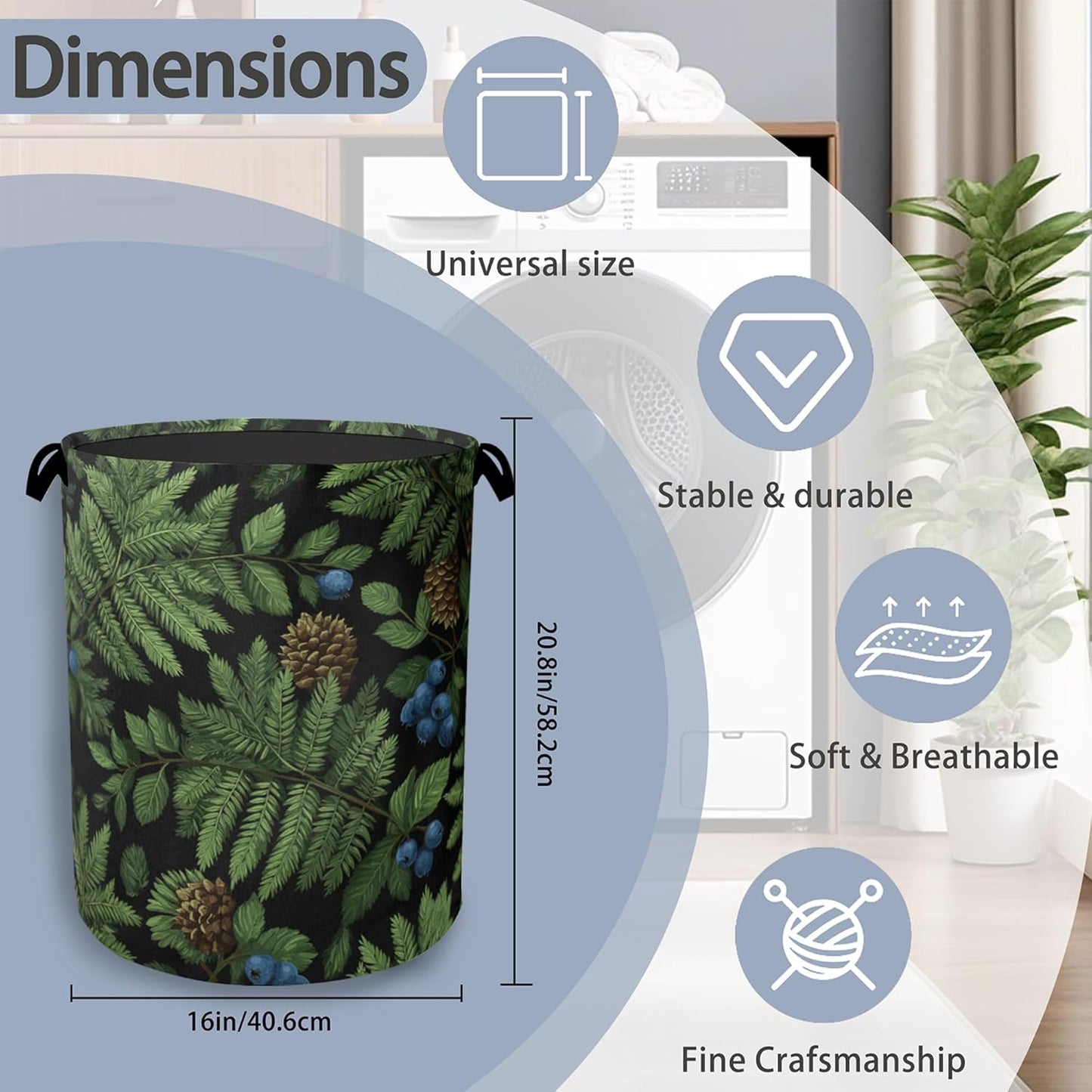 Ferns Blueberry Laundry Basket,Nuts Foldable with Handles Tote Bag Oxford Cloth for Bathroom Bedroom Dirty Clothes Storage Bucket 16" x 20.8"