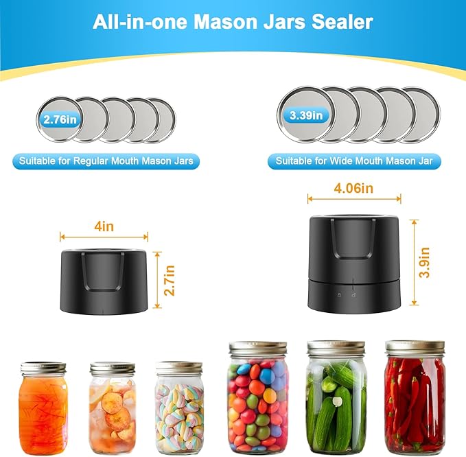 Electric Mason Jar Vacuum Sealer Kit - 2000mAh Battery, Enhanced Motor, Compatible with Wide & Regular Mouth Lids, Ideal for Canning & Sealing, Black