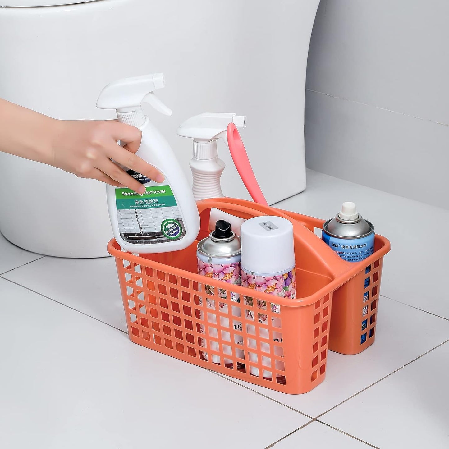 JiatuA Portable Shower Caddy Basket with Compartments Cleaning Supplies Organizer with Handle Plastic Storage Divided Tool Bin for Bathroom, Bedroom, Kitchen, College Dorm, Garden, Under Sink, Orange
