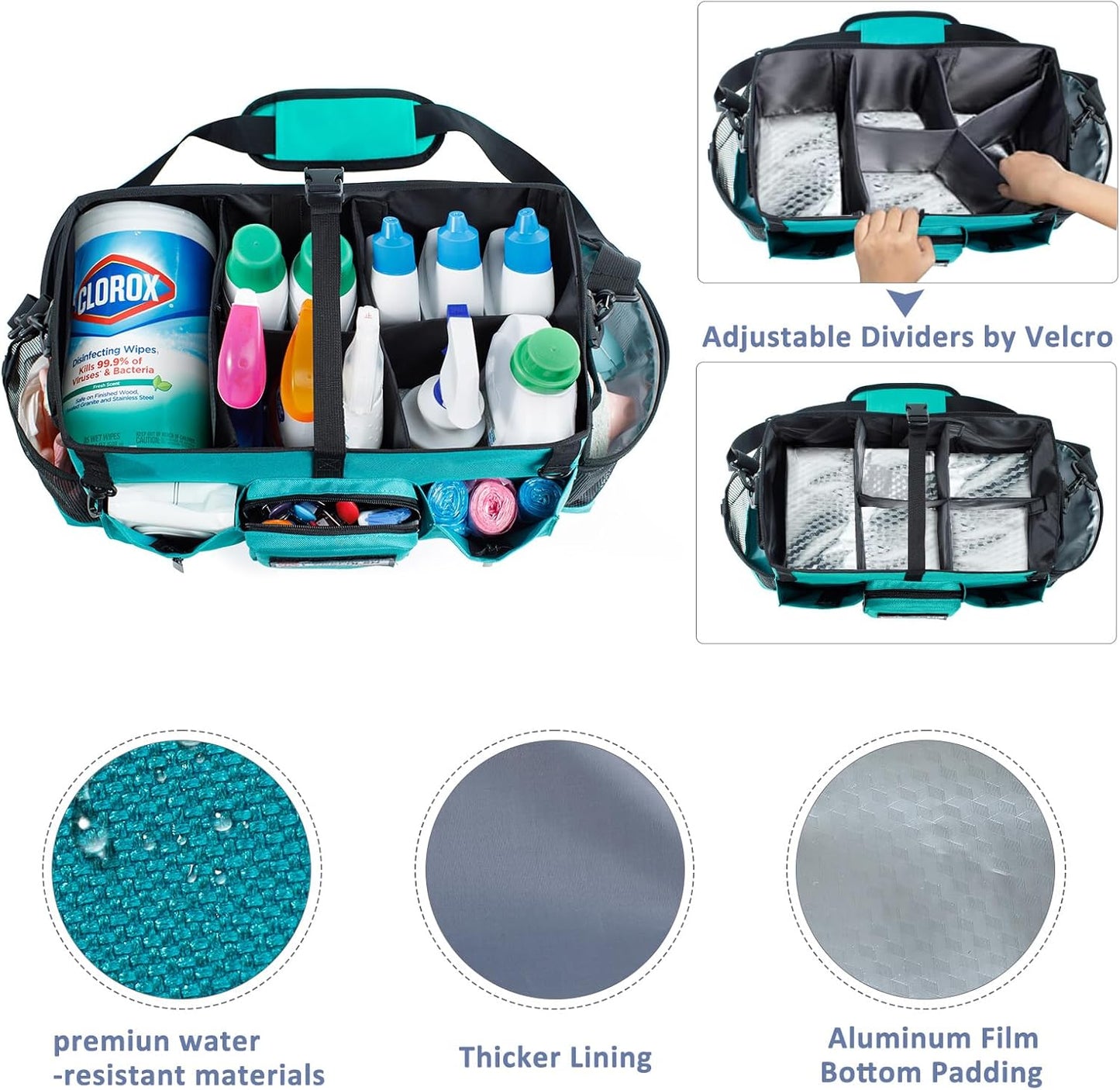Large Cleaning Supplies Organizer-Cleaning Caddy Organizer With Handles & Shoulder Strap-Cleaning Bags for Cleaning Suppliers-Housekeepers Wearable Cleaning Tote 2023 Upgraded, Teal