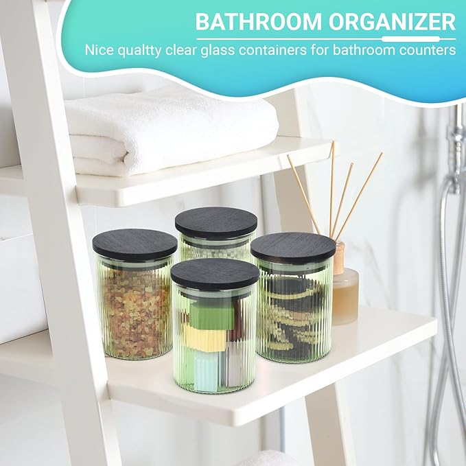 2 Pack Ribbed Glass Qtip Holder Dispenser Set - Apothecary Jars with Lids - Bathroom Canister Storage Organizer and Vanity Makeup Organizer for Cotton Ball,Swab,Round Pads,Floss