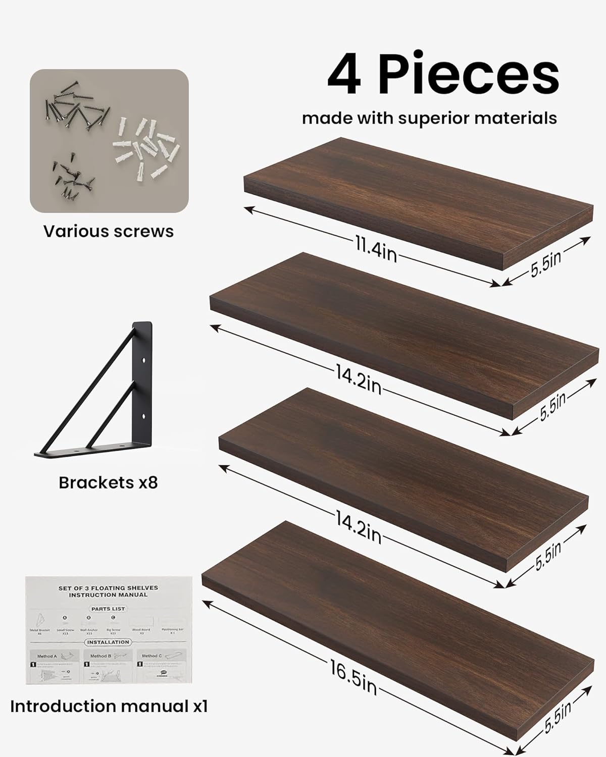 BAYKA Floating Shelves for Wall, Book Shelf for Bedroom, Decor Shelves for Living Room Kitchen, Mounted Wood Floating Shelf for Home Decor, Corner Shelf for Bathroom, Office(Walnut-Toned,Set of 4)