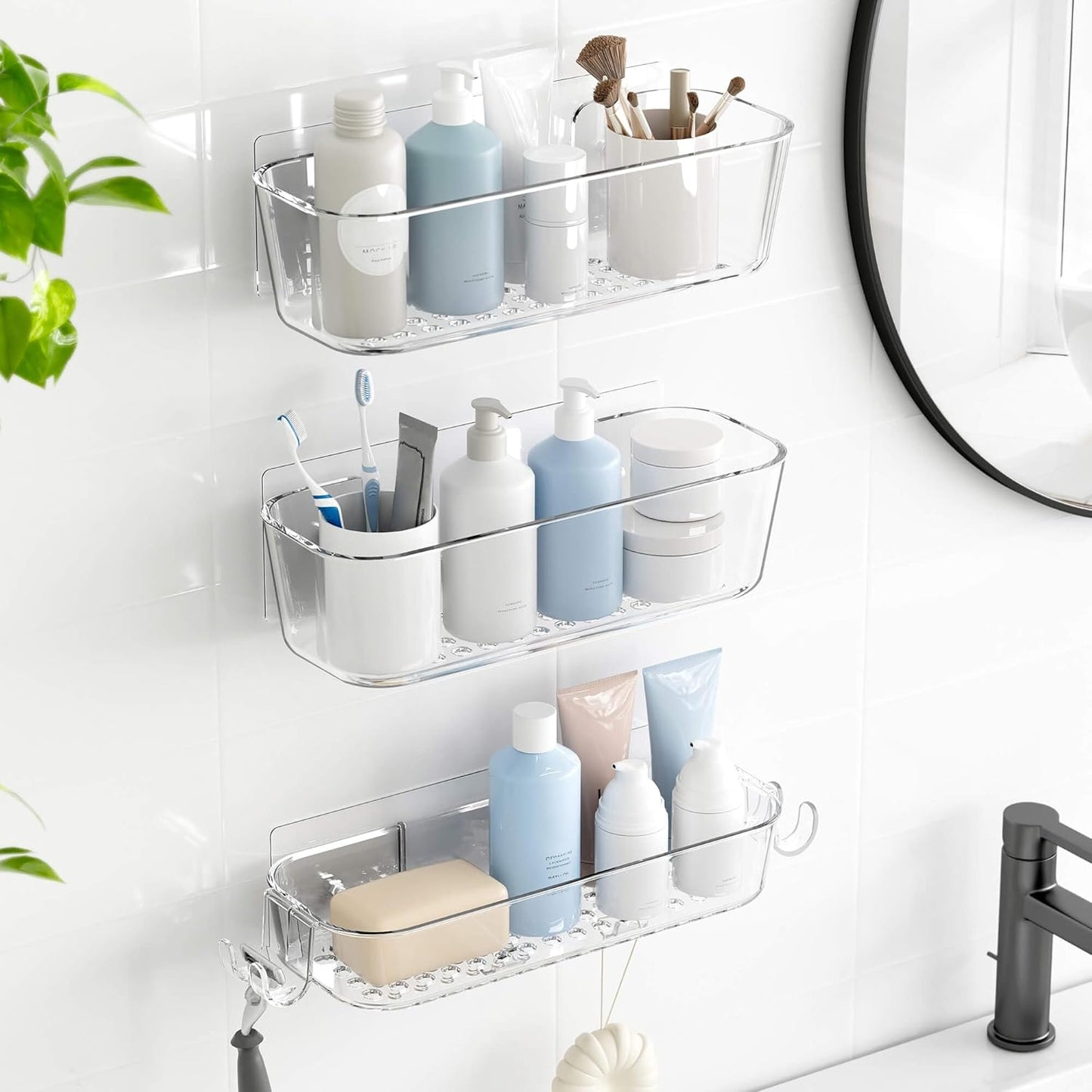 TZAMLI Clear Shower Caddy, Adhesive Shower Organizer Rustproof Shower Shelf with Razor Holder and Hook, Shower Rack for Bathroom Storage, 3 Pack