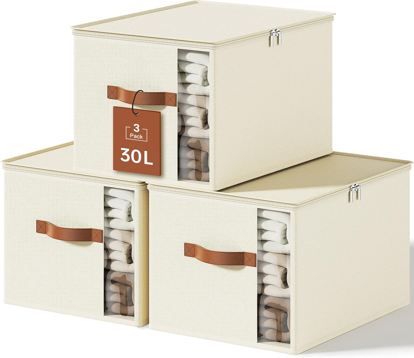 Clothes Storage Bins with Sturdy Frames, Foldable Fabric Clothing Organizer Box for Moving, Sweater Storage Cube with Lids and Zipper, Linen Closet Storage Bags for Blankets, Clothes, Sheet