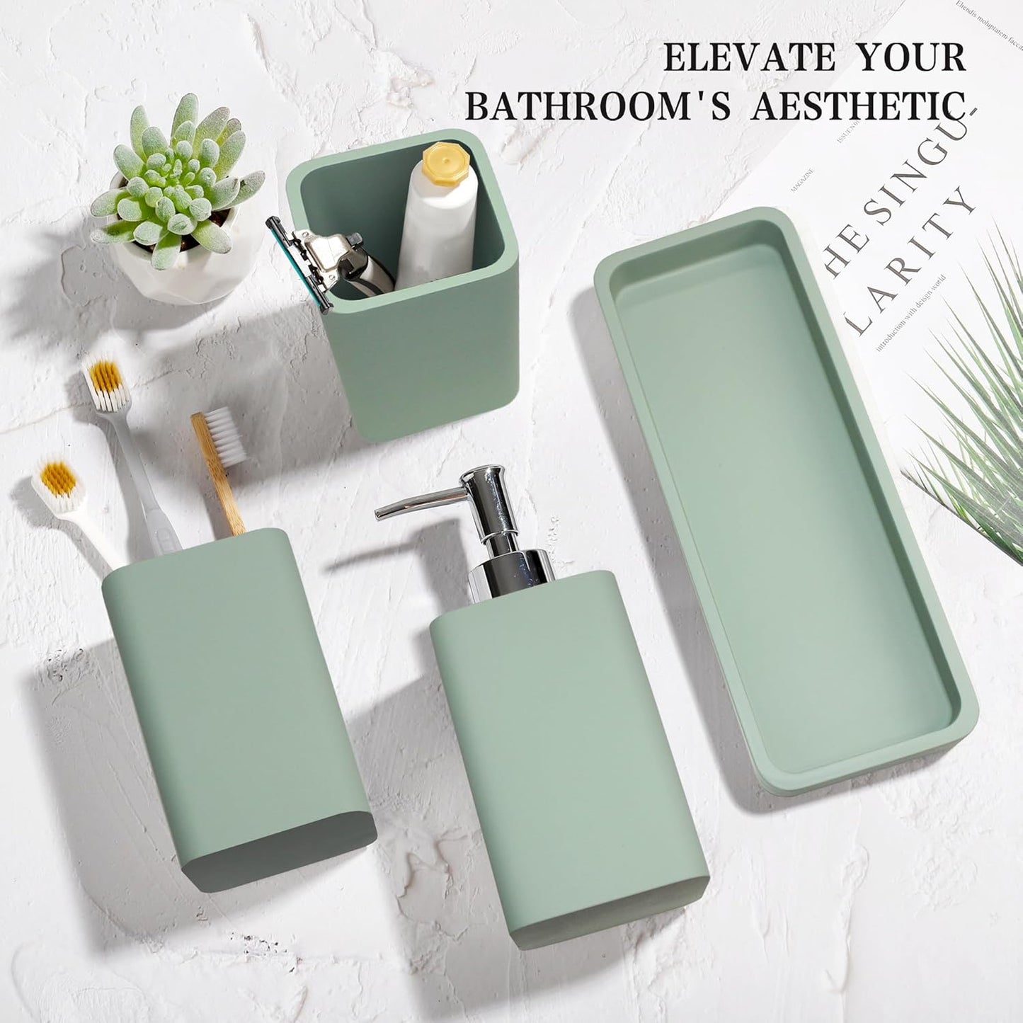 Bathroom Accessories Set, 4 Pcs Bathroom Accessory Set, Soap Dispenser, Toothbrush Holder, Qtip Holder Set, Bathroom Sets Complete, Bathroom Sink Set for Modern Home Decor,Green