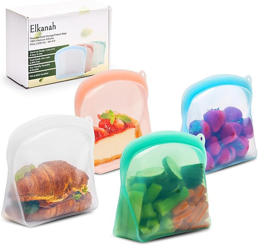 Elkanah Stand Up Food Grade Silicone Reusable Storage Bag Quart 42fl oz Freezer Bags Silicone for Food Storage bags oven Leakproof|Microwave|Oven|Sous Vide|Dishwasher safe set of 4