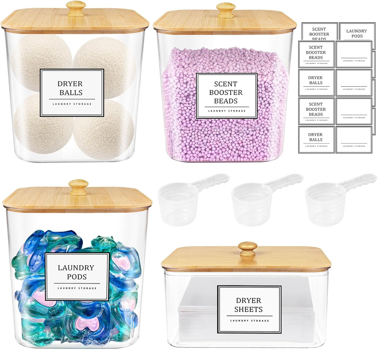 Laundry Pods Storage Container, Clear Laundry Room Organization and Storage,Detergent Powder Container,with Wooden Lids & Labels, 3+1 Pack