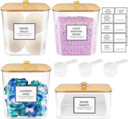 Laundry Pods Storage Container, Clear Laundry Room Organization and Storage,Detergent Powder Container,with Wooden Lids & Labels, 3+1 Pack