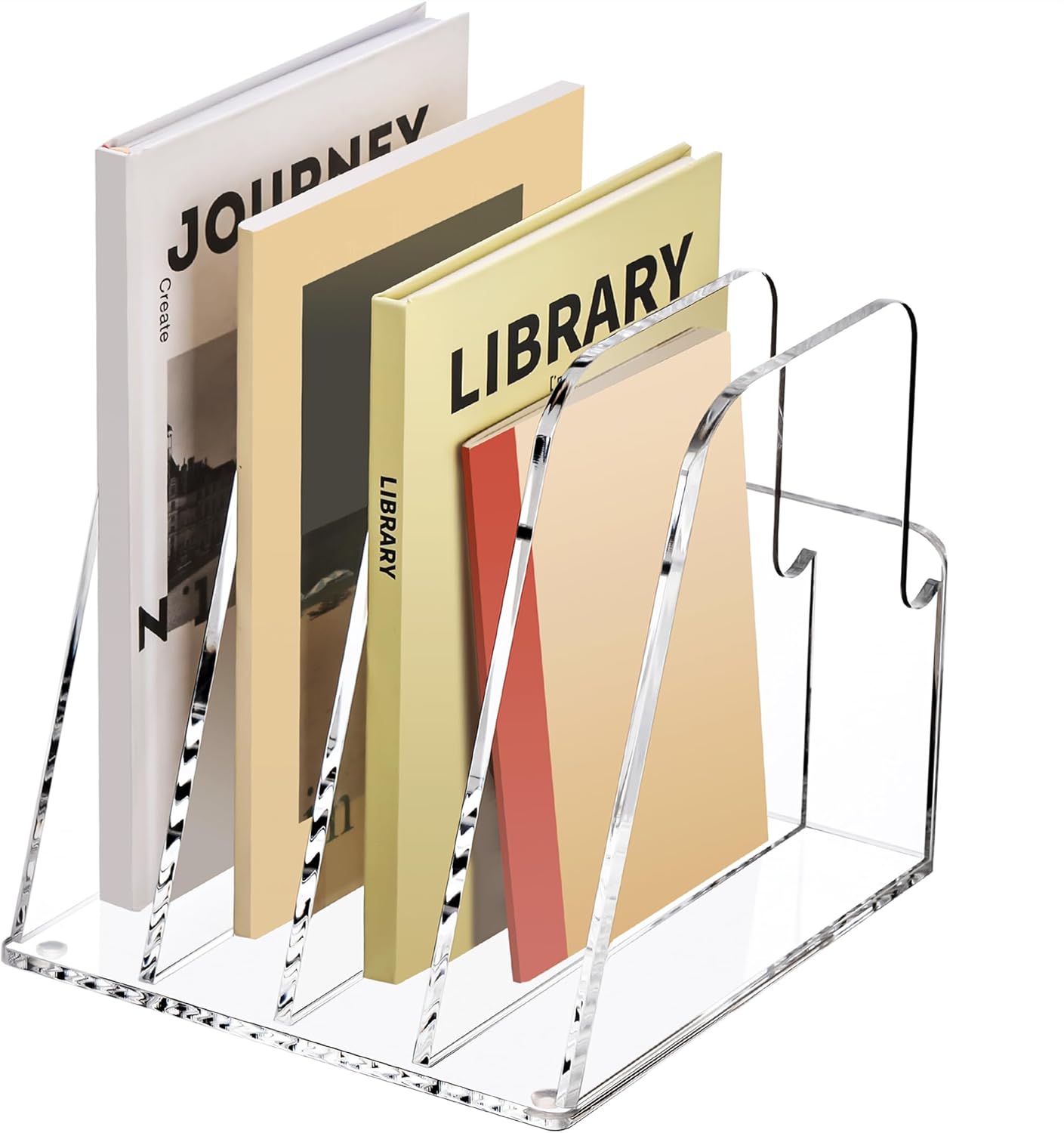 YUXUN Acrylic Magazine Holder,Clear Desk Organzier Workspace Organizers with 4 Vertical Compartments File Sorter for Magazine,Notebooks, Envelopes,Comic Coloring Book Storage(6.6 X 7.2 X 6.7 Inch)