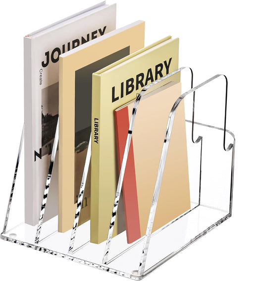 YUXUN Acrylic Magazine Holder,Clear Desk Organzier Workspace Organizers with 4 Vertical Compartments File Sorter for Magazine,Notebooks, Envelopes,Comic Coloring Book Storage(6.6 X 7.2 X 6.7 Inch)