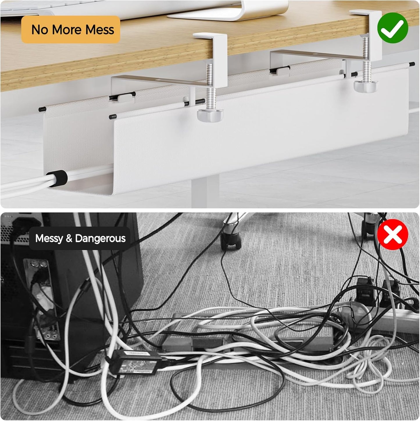 Under Desk Cable Management Tray 27.2" - No Drill Computer Wire Organizer Cable Tray, Cord Hider Clamp Mount with 16X Cable Ties PC Cables Management Cord Holder for Office/Home (Upgrade Fabric,White)