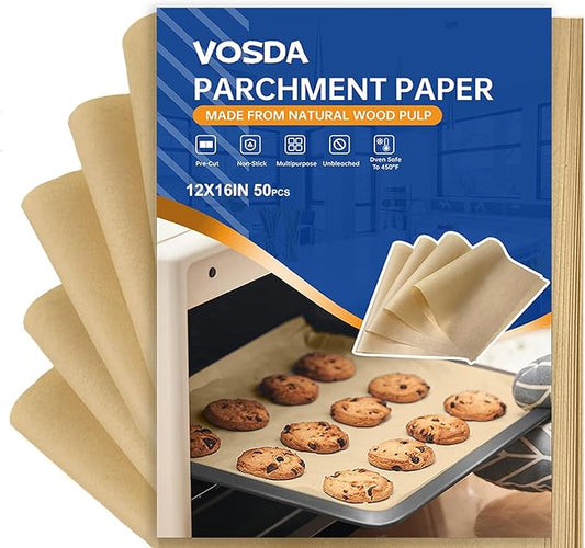 Parchment Paper Sheets for Baking 12-16 IN Precut Non-Stick Parchment Paper Unbleached Baking Sheet Paper for Air Fryer,Baking,Sandwich,Grilling,Steaming,Suitable For Bread Cake Cookies 50p