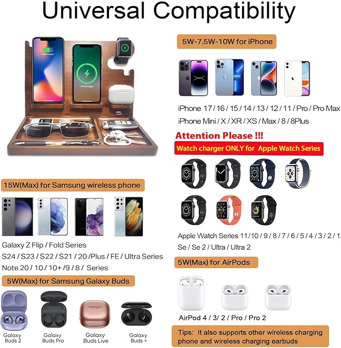 Wireless Charging Station,Wood Phone Docking Station for Men,Nightstand Organizer Charging Station with 4 Wireless Charger Fast Charging for iPhone/Samsung/Apple Watch/Earbuds,Gifts for Men