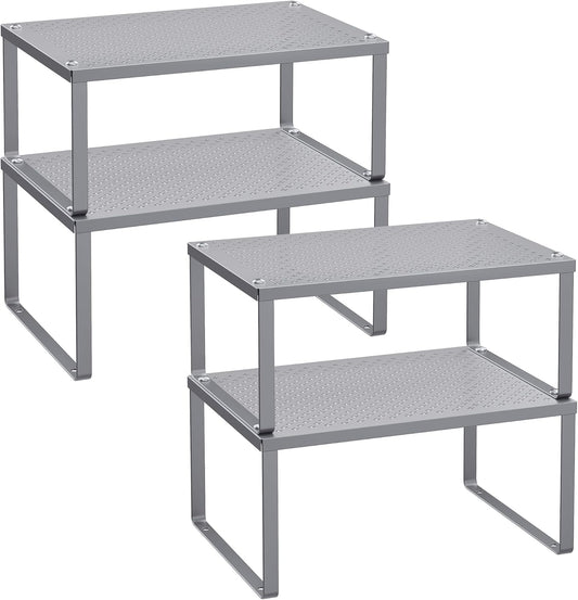 SONGMICS Spice Racks, Set of 4 Metal Cabinet Shelf Organizers, Countertop Organizers, Shelf Risers, Stackable, Expandable, Silver UKCS006S01