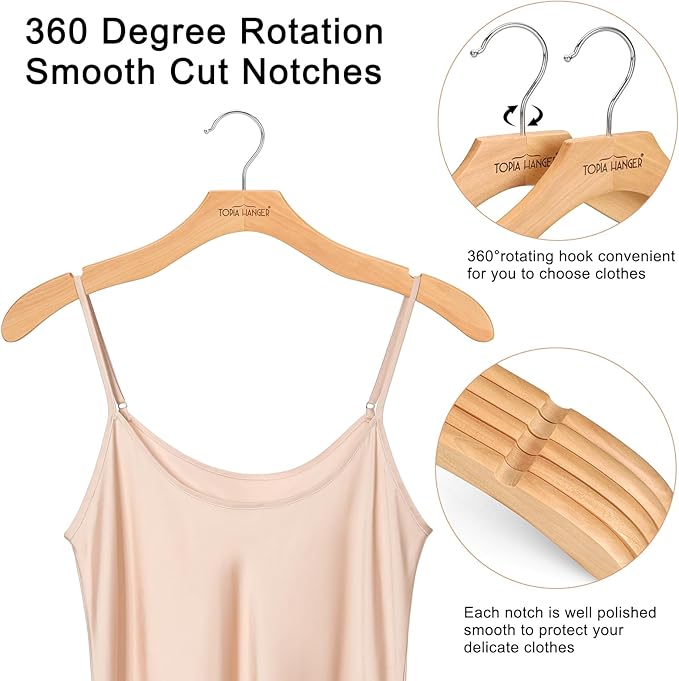 TOPIA HANGER Wooden Coat Hangers 24 Pack, Premium Wood Top Suit Hangers with No Shoulder Bump, 360° Swivel Hook and Cut Notches Clothes Hangers for Sweater, Coat, Shirts, Jackets, Dress, Natural CT85N