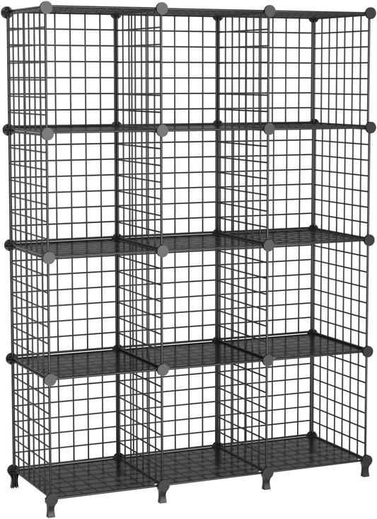 12-Cube Storage Organizer, Metal Wire Cube Shelving Unit, 11.8" L x 11.8" W x 11.8" H, Modular Grid Bookshelf for Closet, Bedroom, Office, Black ATTJL12B