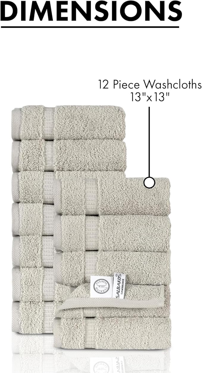 SALBAKOS 100% Turkish Cotton Washcloth Set of 12 13x13 inch | Heirloom Quality | Hotel & Spa Collection | Ultra Soft, Super Absorbent, Washcloth Towels | Made in Turkey (Stone, 12 Washcloths)