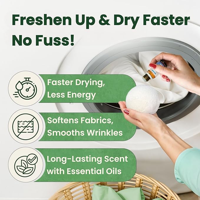 Wool Dryer Balls - Lint-Free - 6XL Pack - 1000+ Loads - Premium Natural Fabric Softener - Reduces Drying Time & Static - Includes Essential Oil - with Storage Bag