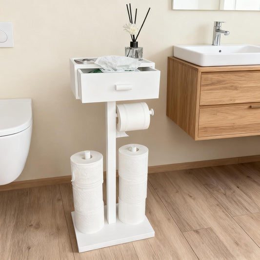 Freestanding Toilet Paper Holder Stand with Shelf, White Wooden Toilet Paper Roll Holder with Wet Wipes Storage Drawer,Bathroom(2 Rods,Stores 6 Rolls)