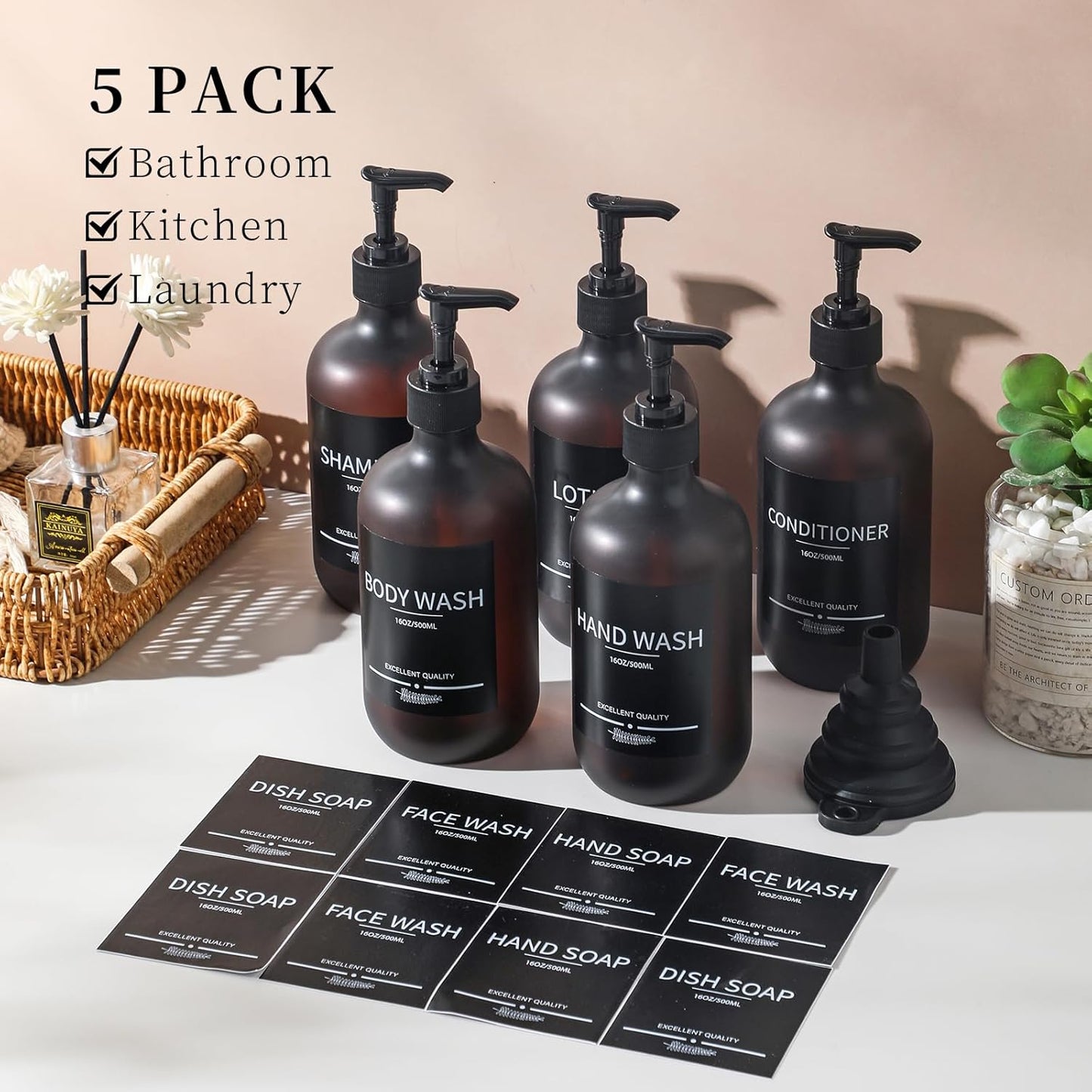 Shampoo Bottles Refillable with Pump (5Pack Matte Amber) Plastic 16.9oz Amber Reusable Shampoo and Conditioner Bottles,Bathroom Bottles with Pump and Labels