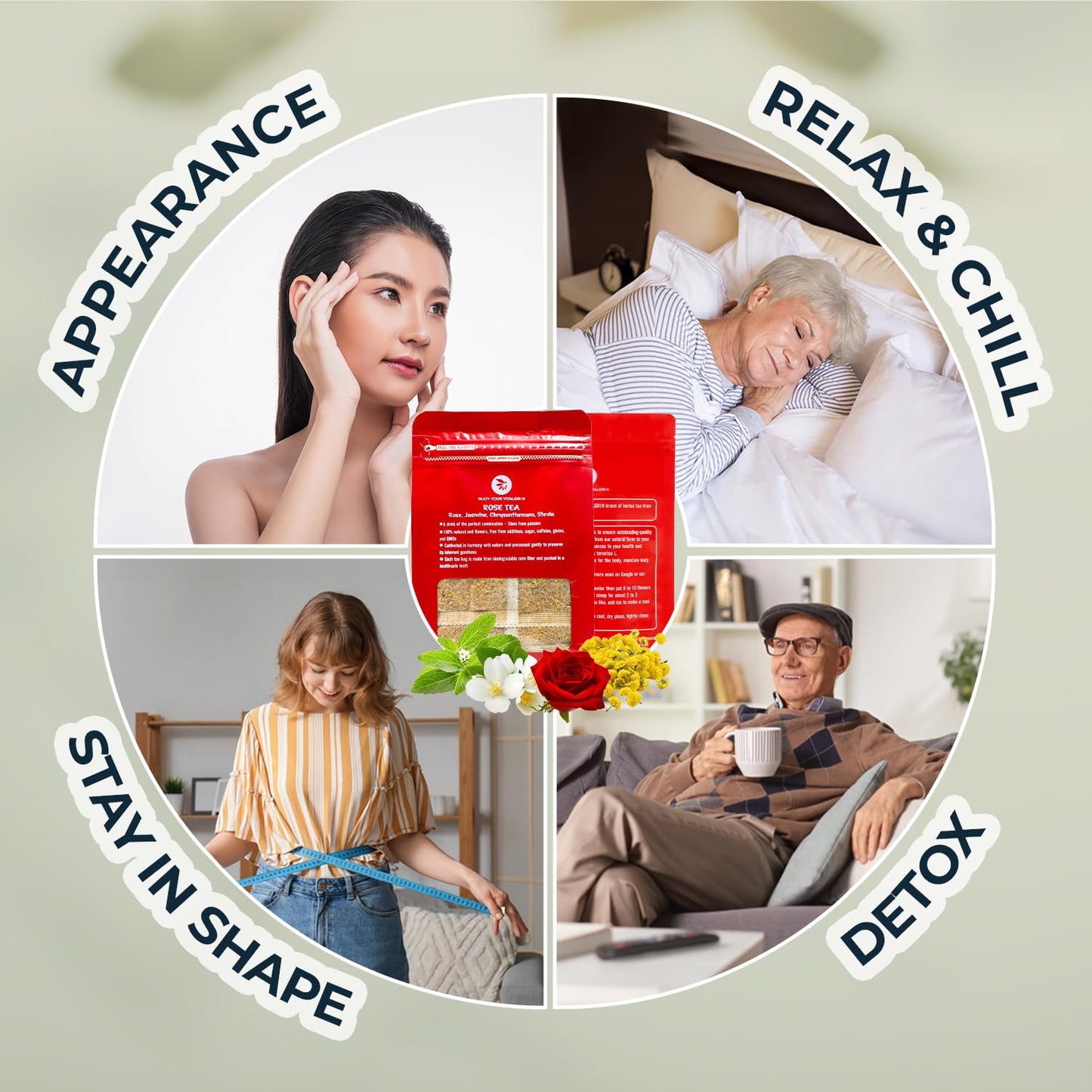 Rose Tea, Re-Steep Chrysanthemum, Jasmine & Stevia Herbal Tea - 55 Count (+5 Tea Bags) Bamboo Tong Included - 4.37 oz, Relax,Support, Up Mood, Appearance Detox