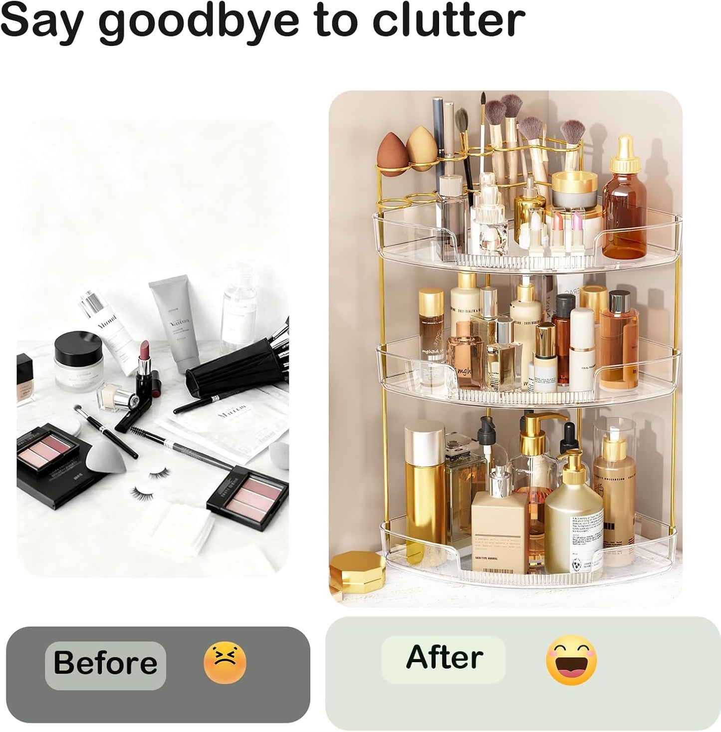 FELIZHOUSE 3-Tier Makeup Organizer for Vanity & Bathroom Countertop – Acrylic Storage Shelf with Perfume Tray & Makeup Brush Holder, Tool-Free Installation, Design for Bathroom & Dresser - Clear