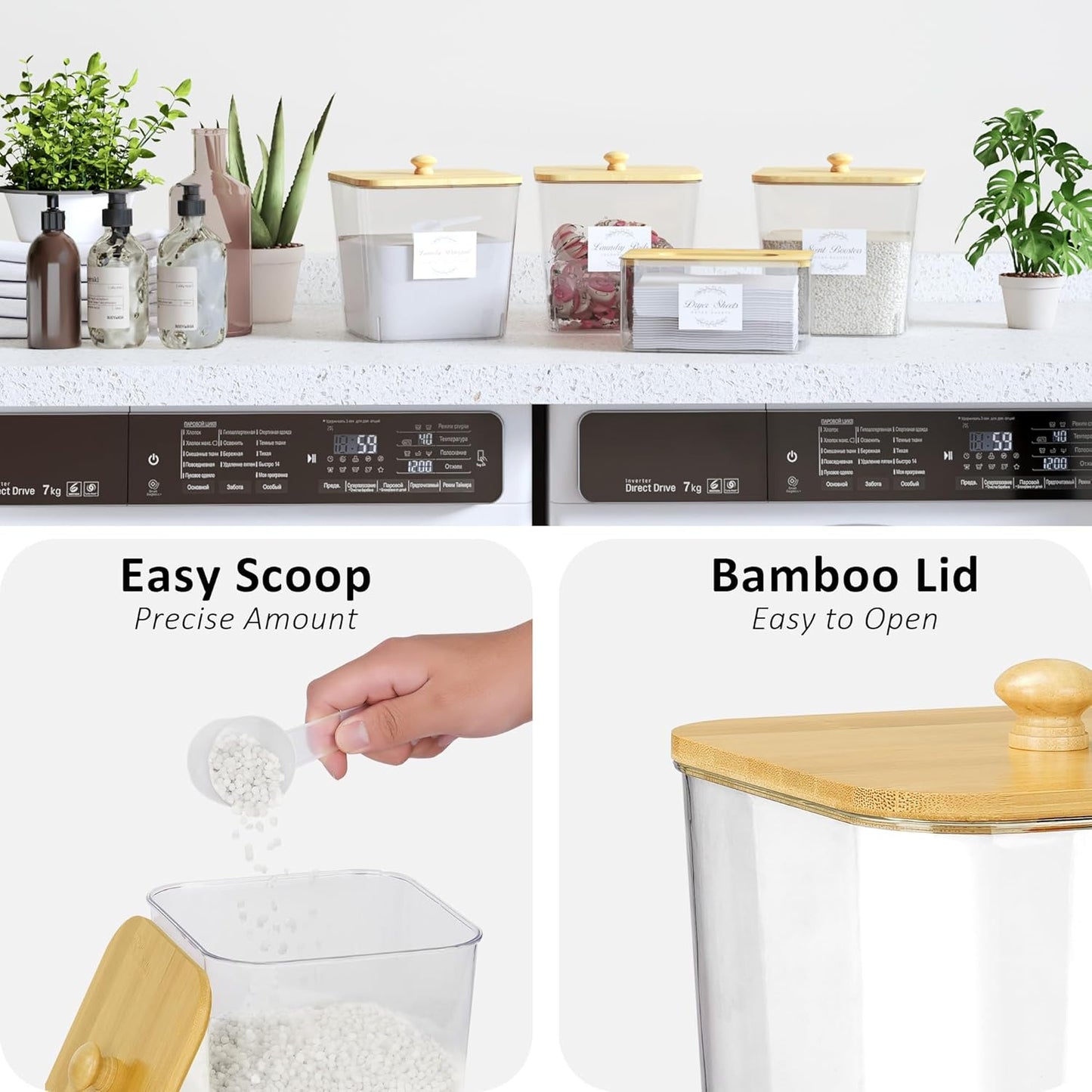 Laundry Room Organization and Storage, Laundry Pods Container with Bamboo Lids and Labels, Laundry Organizer with Scoops for Booster Beads, Powder, Pods, 4Pack