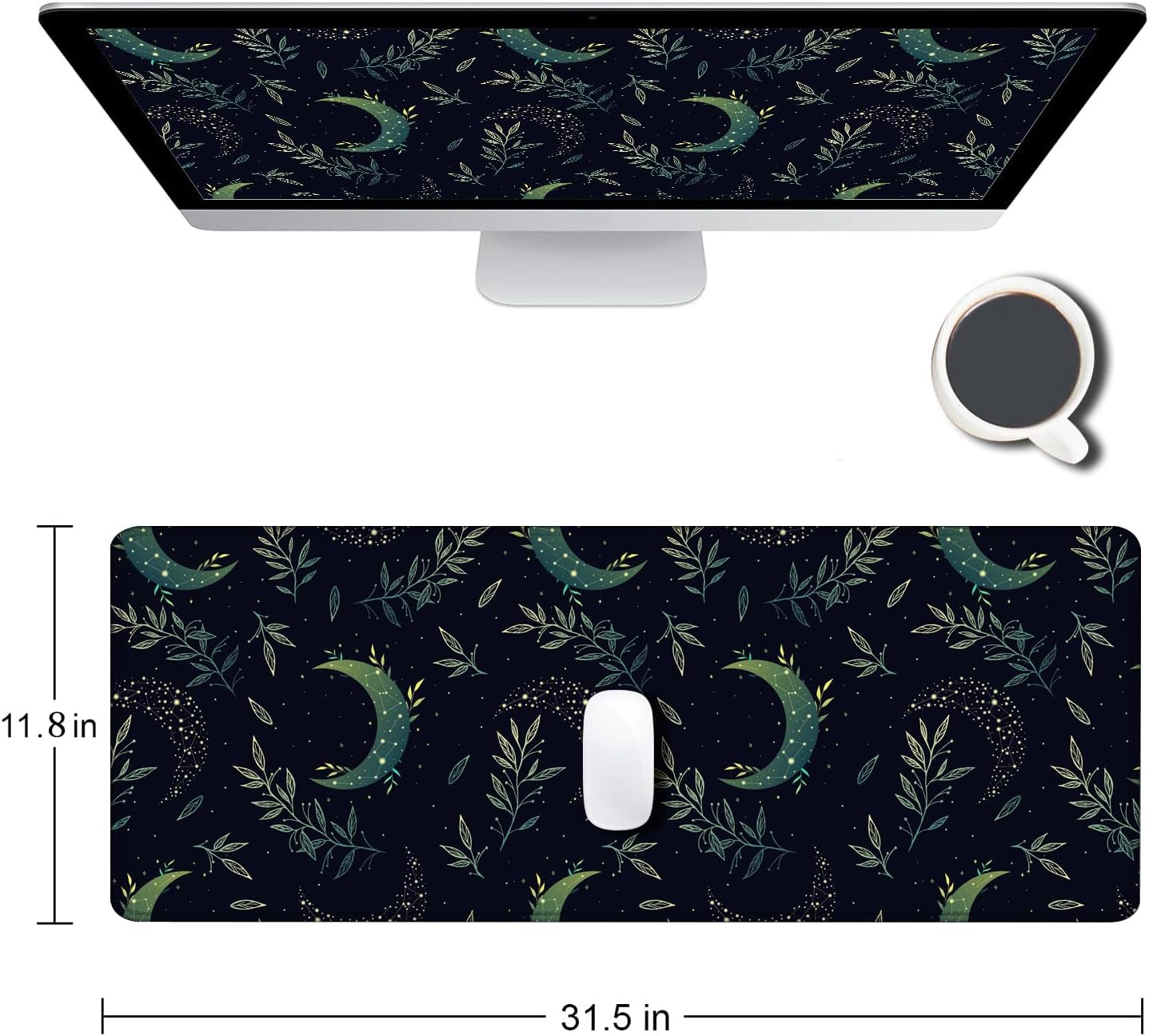 Gaming Mouse Pad, XXL Extended Computer Keyboard Long Mouse Mat, Large Desk Pad for Office Laptop, Non-Slip Rubber Base with Stitched Edge Mousepad, 31.5X11.8 inch Black Boho Magic Moon