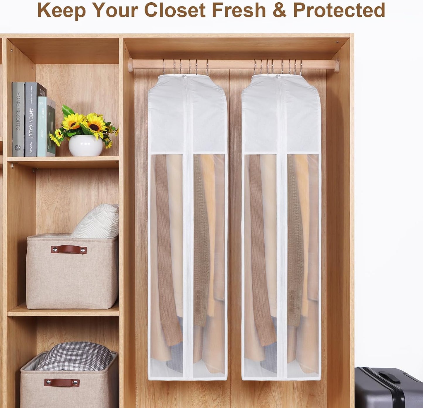 Kntiwiwo 43" Cotton Garment Bag for Hanging Clothes and Storage, Breathable Suit Bags for Closet Storage with 10" Gusseted & Large Clear Window for Suits, Short Dresses, Jackets, Sweaters, 1 Pack
