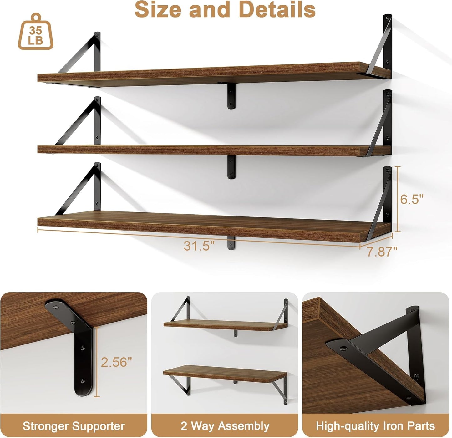 Fun Memories Floating Shelves, 32 x 8 Inches, Set of 3 Wall-Mounted Bookshelves with Metal Brackets, Decorative Storage for Home and Office (Walnut)