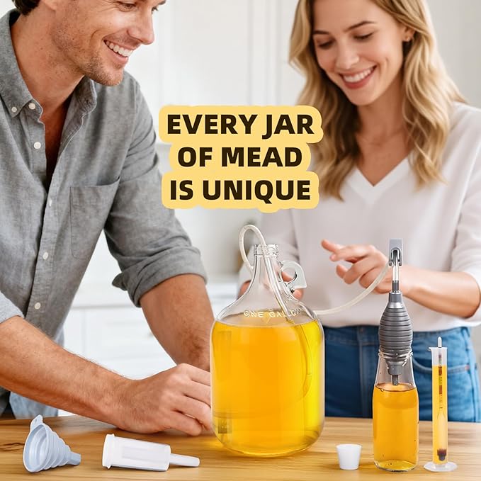 Mead Making Kit for Beginners 1 Gallon Home Brewing Kit with Glass Fermentation Jar Siphon Airlock Stopper Temperature Labe Funnel Hydrometer Reusable DIY Honey Wine Starter Set
