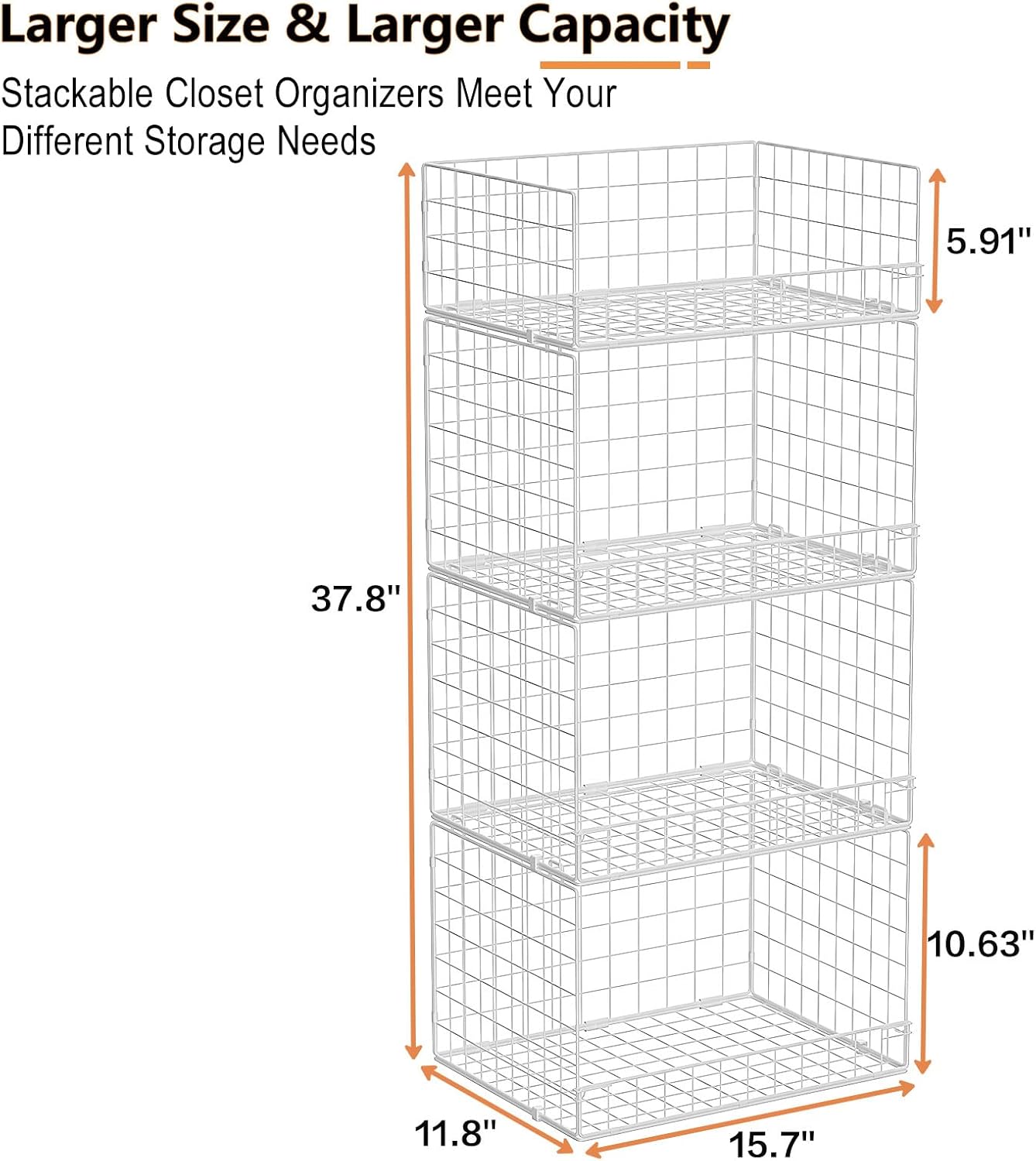 4 Tier Stackable Closet Organizers and Storage Shelves, Foldable Closet Shelf Organizer System, Stackable Storage Bins Drawers for Clothes Organizer System, White(Patent Pending)