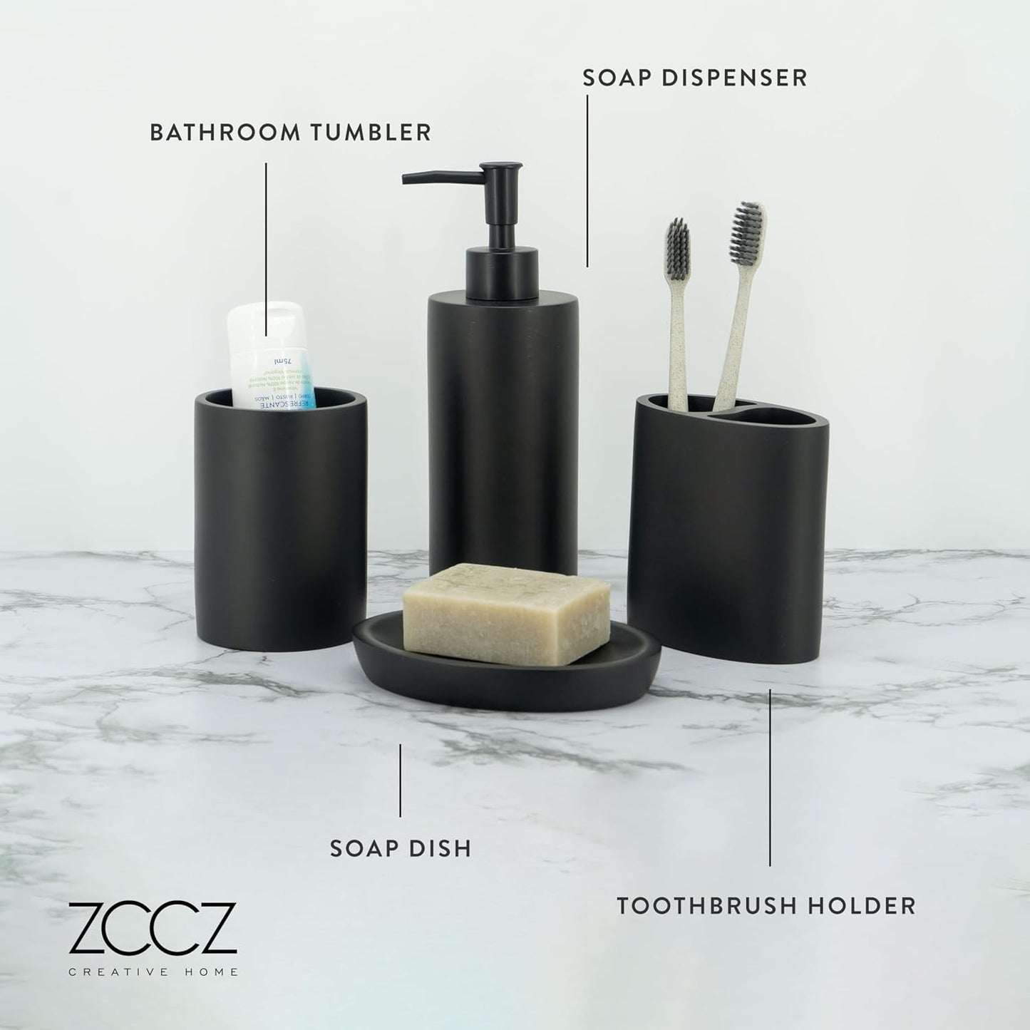 ZCCZ Bathroom Accessory Set, 4 Pcs Matte Black Bathroom Vanity Countertop Bathroom Décor Sets Accessories with Soap Dispenser, Toothbrush Holder Set, Tumbler, Soap Dish