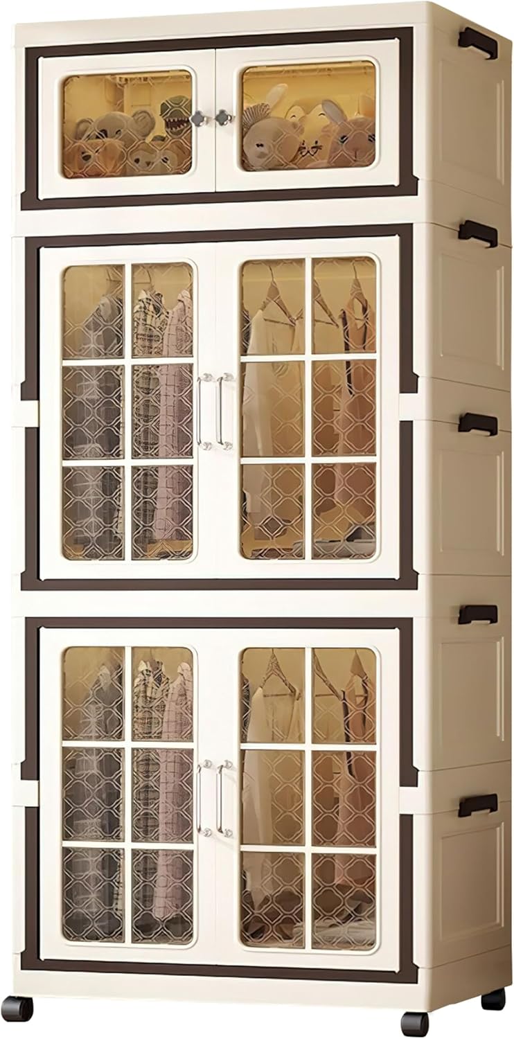 Stackable Storage Bins with Lid, Plastic Collapsible Cabinet, Large Closet Organizer with Wheels, Foldable Storage Cabinet for Home and Office