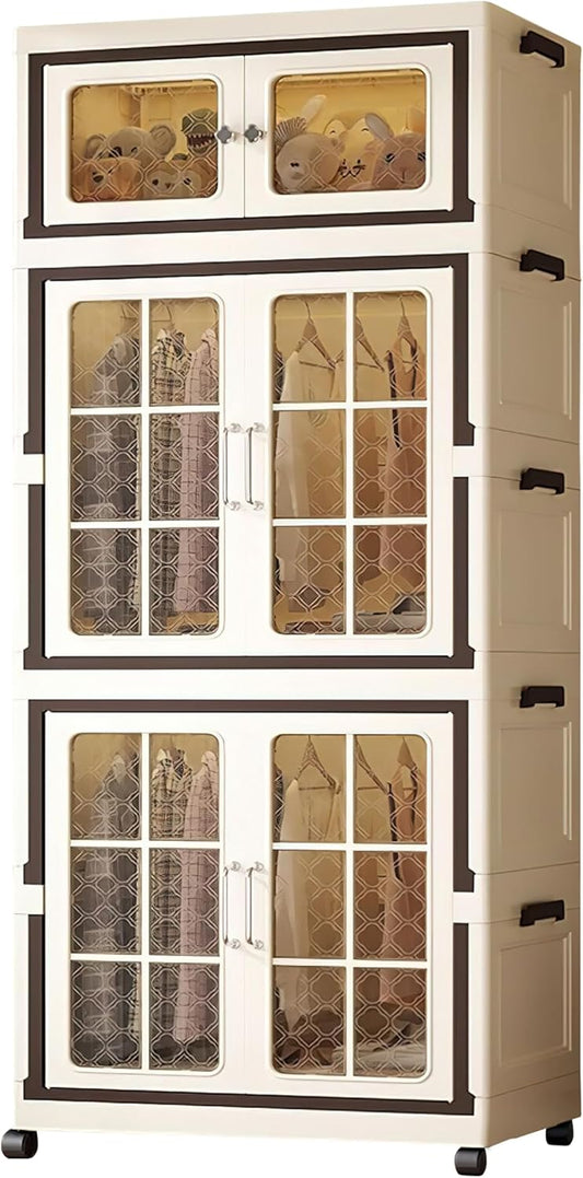 Stackable Storage Bins with Lid, Plastic Collapsible Cabinet, Large Closet Organizer with Wheels, Foldable Storage Cabinet for Home and Office