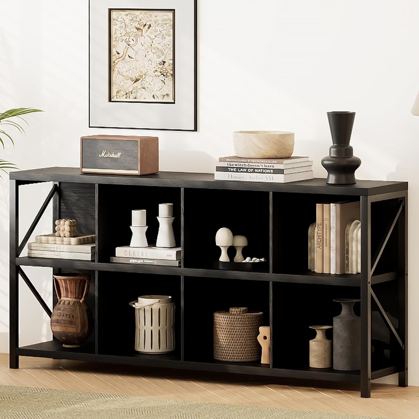 8 Cube Storage Organizer Bookshelf, Industrial Horizontal Bookcase, Accent Cubby Shelf, Media Console Table for Living Room, Home Office, 63 Inches, Black